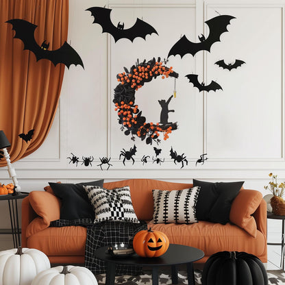 Halloween Decor, 2026 New Spooky Halloween Wreath with Lights, Black Cat Crescent Moon Design, Indoor Outdoor Front Door Wall Decor for Halloween Party