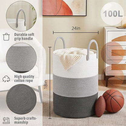 Artfeel Laundry Basket,Woven Cotton Rope Laundry Hamper,100L for Decorative Storage of Dirty Clothes,Toys and Blankets in Bathroom,Bedroom and Living Room