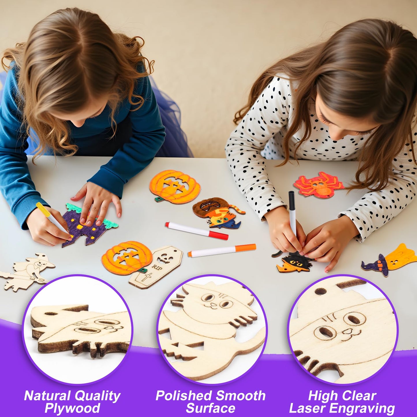 60PCS Halloween Wood Crafts for Kids, Unfinished Wooden Slices Cutouts Ornaments Bulk for Kids to Paint, DIY Halloween Painting Art Craft Activities for Hanging Decorations Gifts Pumpkin