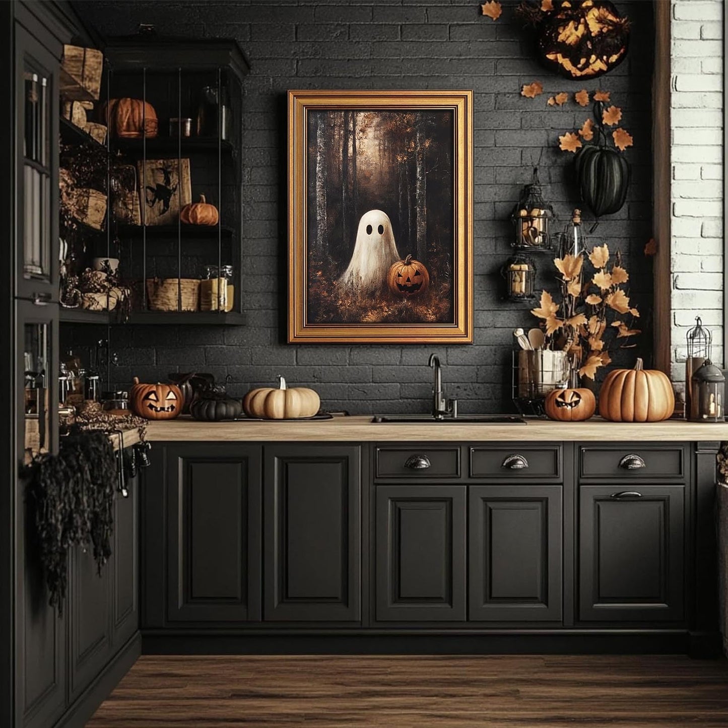 YHCTHT Gold Framed Halloween Wall Art, Ghosts Pumpkin Pictures Wall Decor