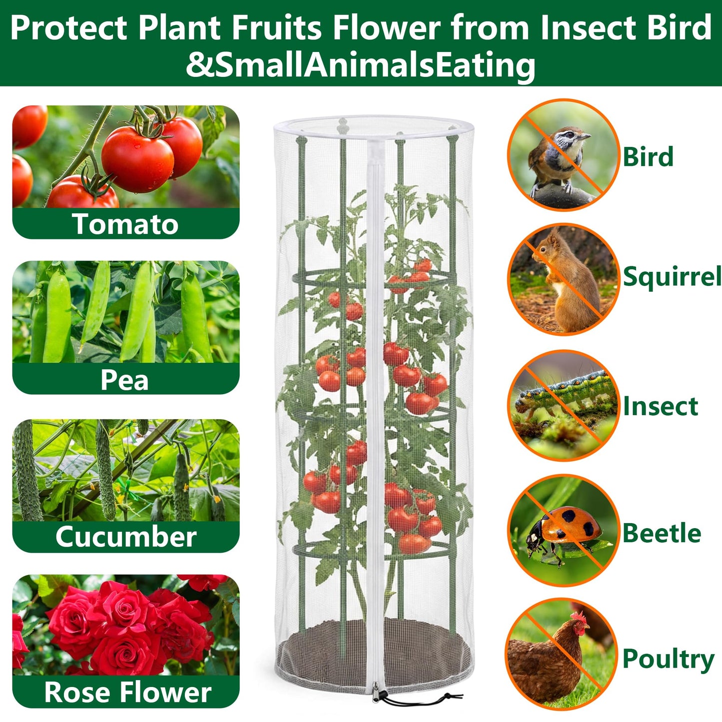 2 Pcs Garden Bird Netting Cover for Round Tomato Cage, 59" x 18" Tomato Trellis Insect Barrier Protection Mesh, Plant Cage Garden Net Cover with Zipper for Vertical Climbing Plants Vegetables Fruits