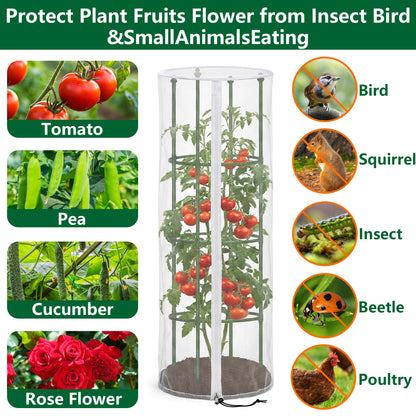 2 Pcs Garden Bird Netting Cover for Round Tomato Cage, 59" x 18" Tomato Trellis Insect Barrier Protection Mesh, Plant Cage Garden Net Cover with Zipper for Vertical Climbing Plants Vegetables Fruits
