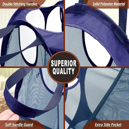 HOUSE AGAIN [Reinforced] Strong Mesh Pop-up Laundry Hamper, Quality Collapsible Laundry Basket with Durable Handles Solid Bottom High Carbon Steel Frame, Easy to Open and Fold Flat for Storage(Blue)