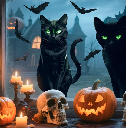 Halloween Decorations Window Clings,4 Sheet Large Black Cats Halloween Window Stickers,Bats Silhouette Window Decals for Indoor School Home Office Party Decor