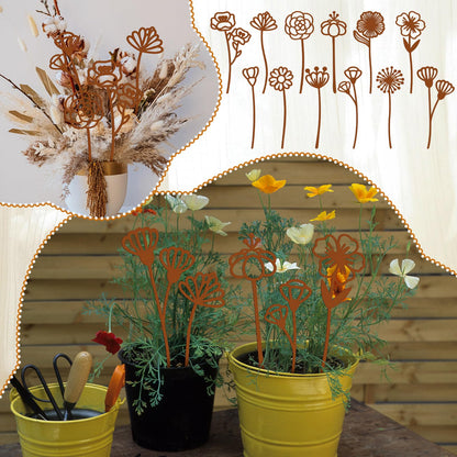 LEIFIDE 12 Pcs Rusty Metal Flowers Stakes Rustic Metal Floral Yard Art Lawn Art Decor Garden Stakes for Home Patio Farm Wedding Courtyard Decoration 12 Inches Tall