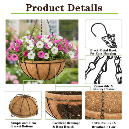 EIMQUVW Outdoor Metal Hanging Planters Basket (4pack, 8 inch) Hanging Baskets for Plants Chain Round Wire Plant Holder with Coco Fiber Liners for Garden, Patio, Deck, Porch
