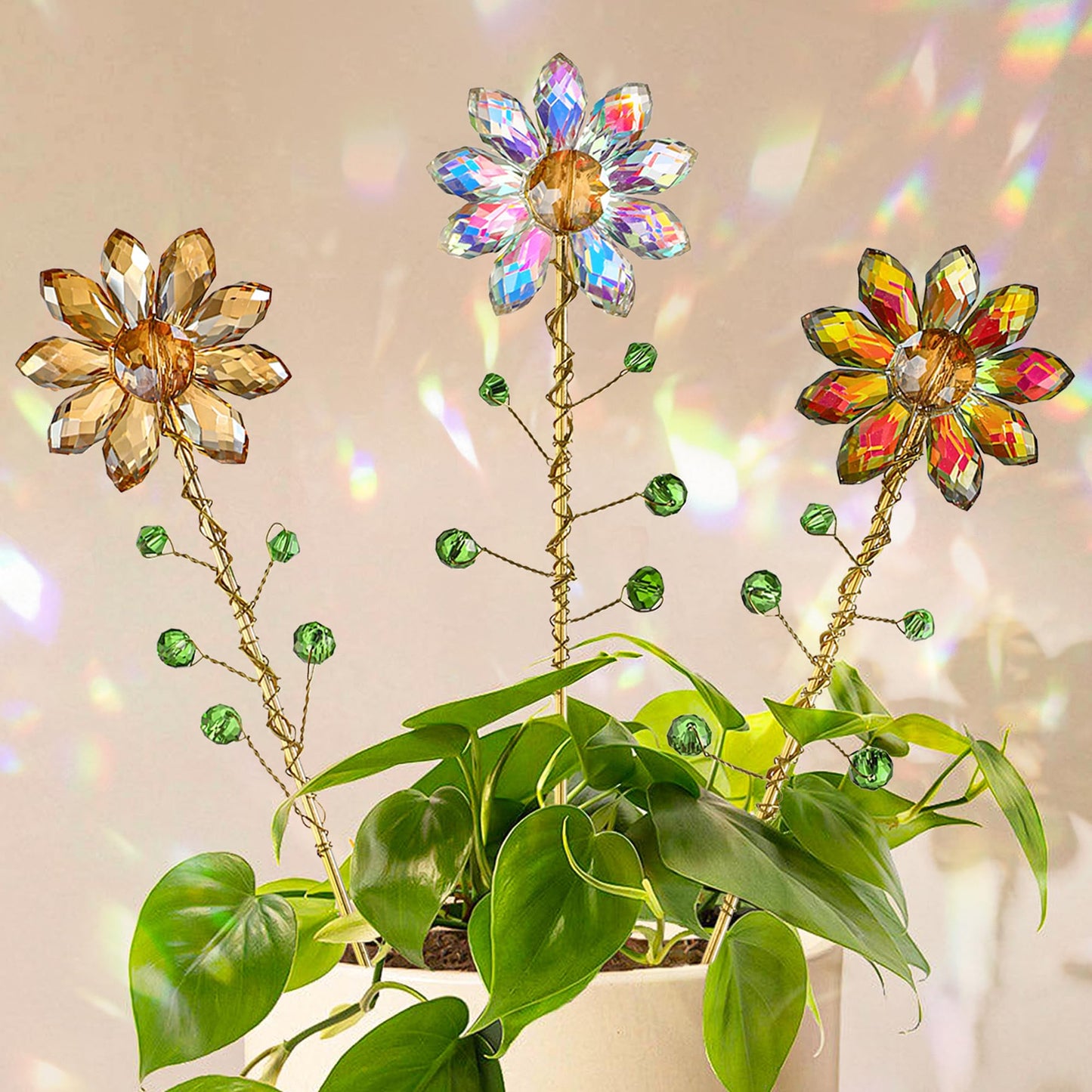 H&D HYALINE & DORA 3 Pcs Crystal Sunflower Suncatchers with 13'' Gold Trellis Metal Plant Stake for Indoor Outdoor Garden Potted Plants Decorations Plant Lover Gift(Ab, Red, Amber)