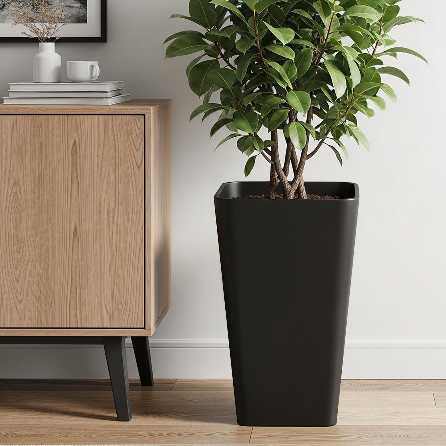 Worth Garden 20" Tall Planters Set of 2 – Large Black Tapered Plastic Flower Pots for Indoor & Outdoor Use – Modern Plant Containers with Drainage Holes – Ideal for Front Porch, Patio, Balcony