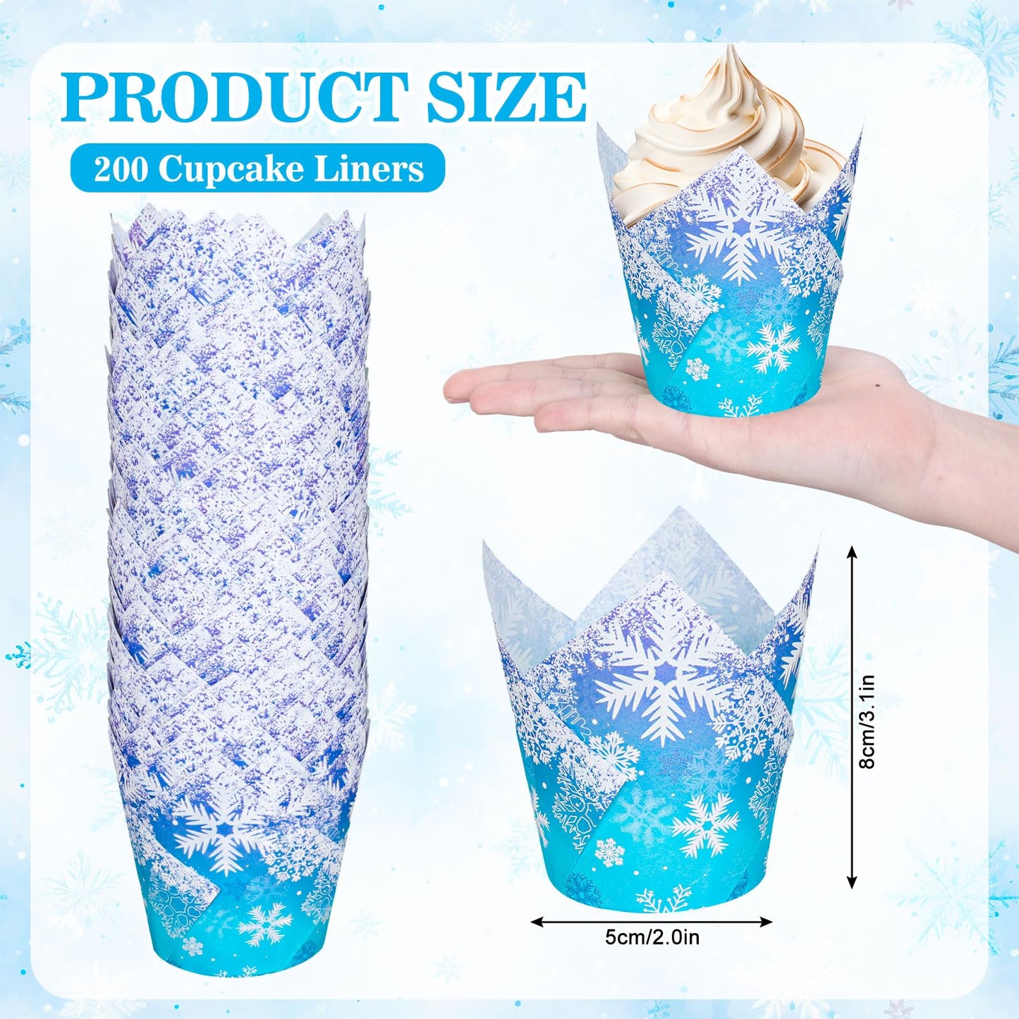 JarThenaAMCS 200Pcs Winter Snowflake Tulip Cupcake Liners Christmas Blue Purple Gradient Muffin Tulip Baking Cups Xmas Bicolor Gradient Snowflake Tulip Cupcake Wrappers for Holiday Party Supplies