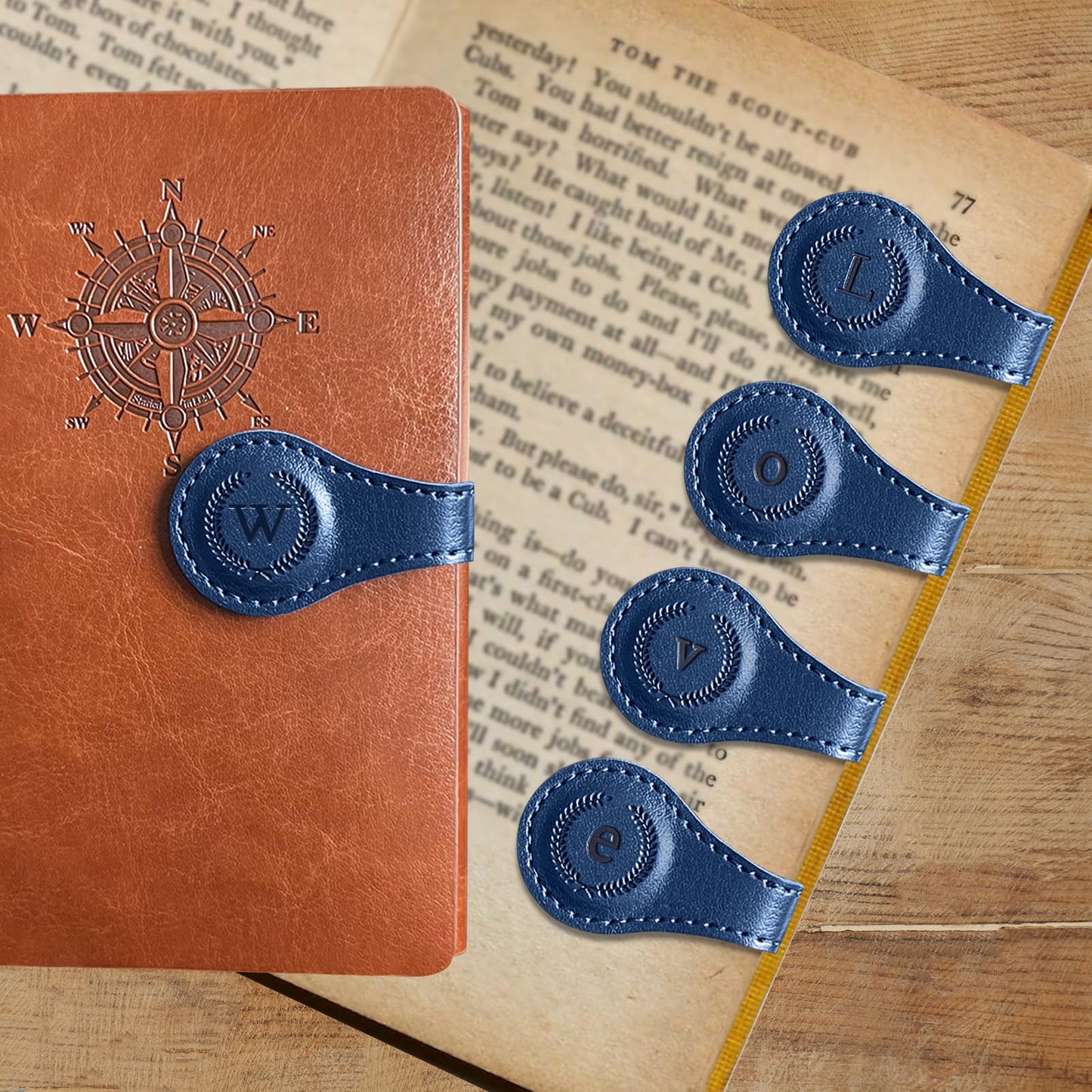 Leather Magnetic Bookmarks, 3D Embossed Alphabet Initial Letter Bookmark, Cute Page Markers for Books, Journals, Planners, Bible, Small Reading Gifts for Women Men, Teachers, Students (Blue W)