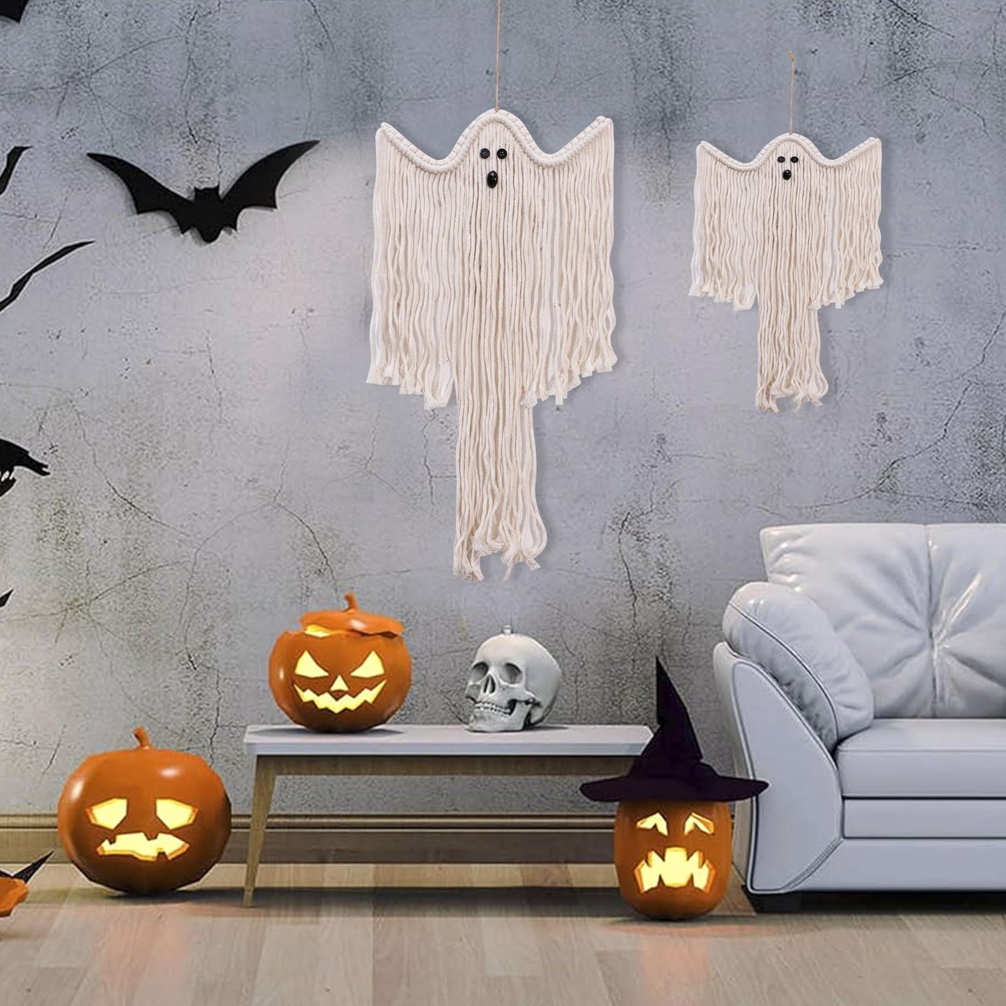 Halloween Macrame Ghost Wall Decor- Set of 2 Ghost Wall Hanging, Halloween Boho Ghost Decorations, Handmade Ghost Decor, Spooky Season Decor