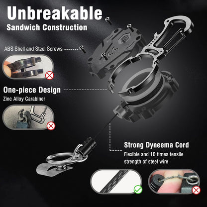 1Pack Heavy Duty Retractable Keychain, Tactical ID Badge Holder Reel Carabiner Clip with Magnetic Closure for Men, Unbreakable Sandwich Construction with 31" Dyneema Cord, Bearing 25oz