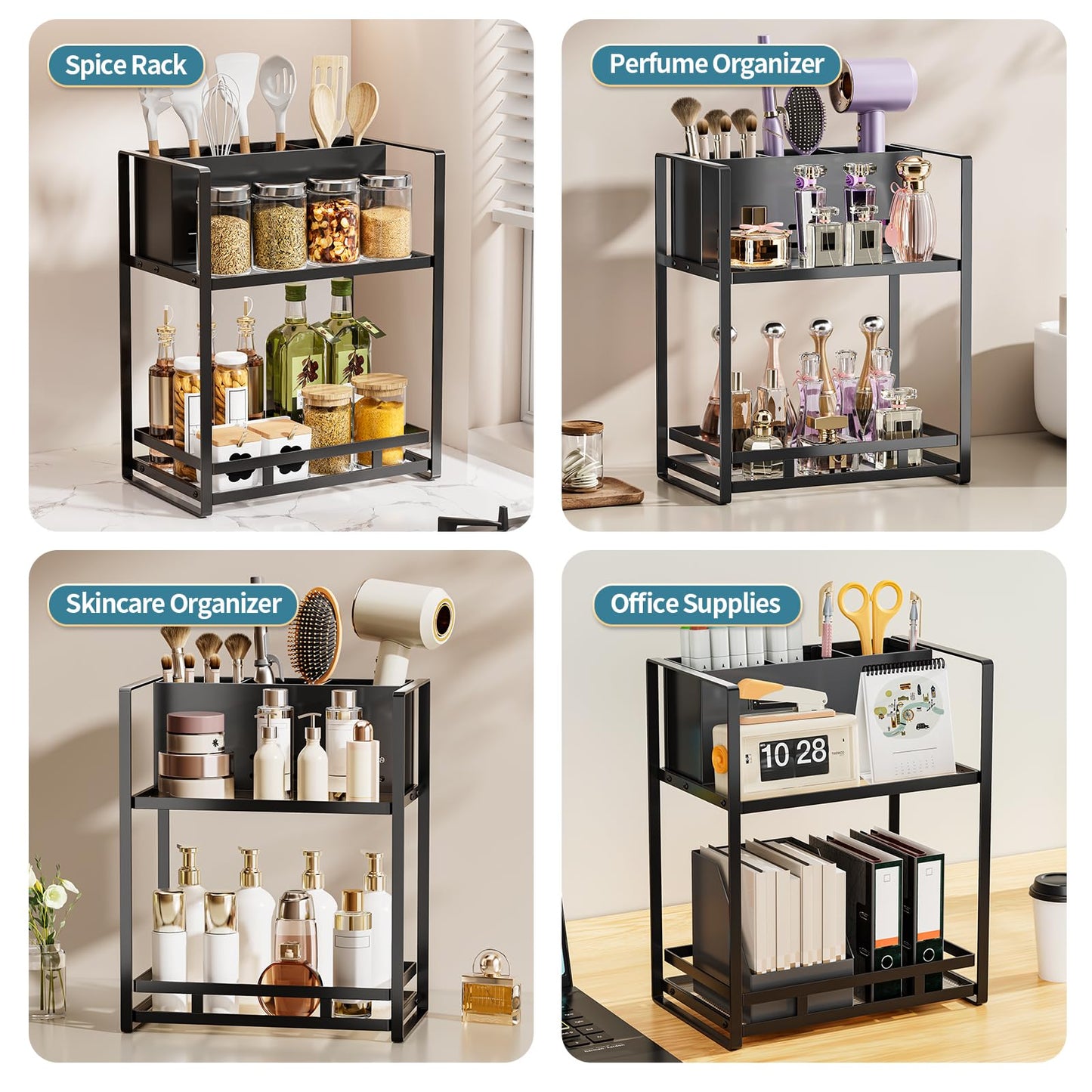 SanDream Hair Tool Organizer Bathroom Countertop, 2-Tier Metal Bathroom Organizer with Blow Dryer Holder, Large Capacity Space-Saving Vanity Shelf for Perfume, Skincare & Makeup Storage (Black)