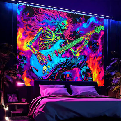 BSFHH Black Light Tapestry – UV Reactive Glow in the Dark Wall Hanging, Spooky Night Scene with Ghosts & Pumpkins, Haunting Home Decor for Parties, Bedroom, or Dorm (Guitar, 79L x 59W, Unframed)