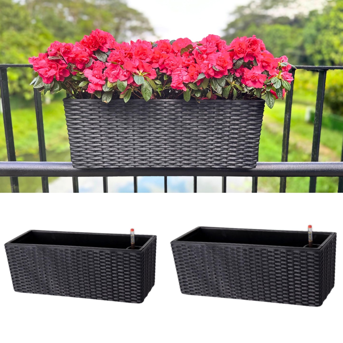 LaLaGreen Outdoor Rail Planter for Balcony (20 Inch, 2 Pack) Large Black Self Watering Deck Railings Planters with Brackets, Rectangular Plastic Fence Flower Box Designer Choice with Rattan Pattern