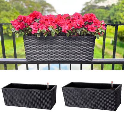 LaLaGreen Outdoor Rail Planter for Balcony (20 Inch, 2 Pack) Large Black Self Watering Deck Railings Planters with Brackets, Rectangular Plastic Fence Flower Box Designer Choice with Rattan Pattern