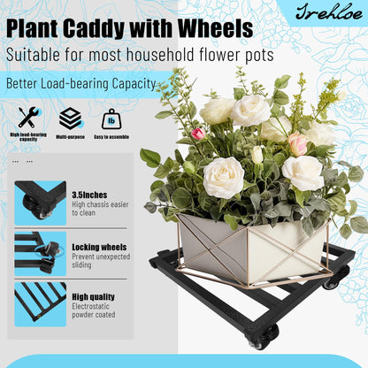 Srehloe 12 Inch Plant Caddy with Wheels Lockable Heavy Duty Trolley Large Metal Square Plant Dolly Plant Roller Base Potted Stand Suitable for Indoor Outdoor Plant Pots Black