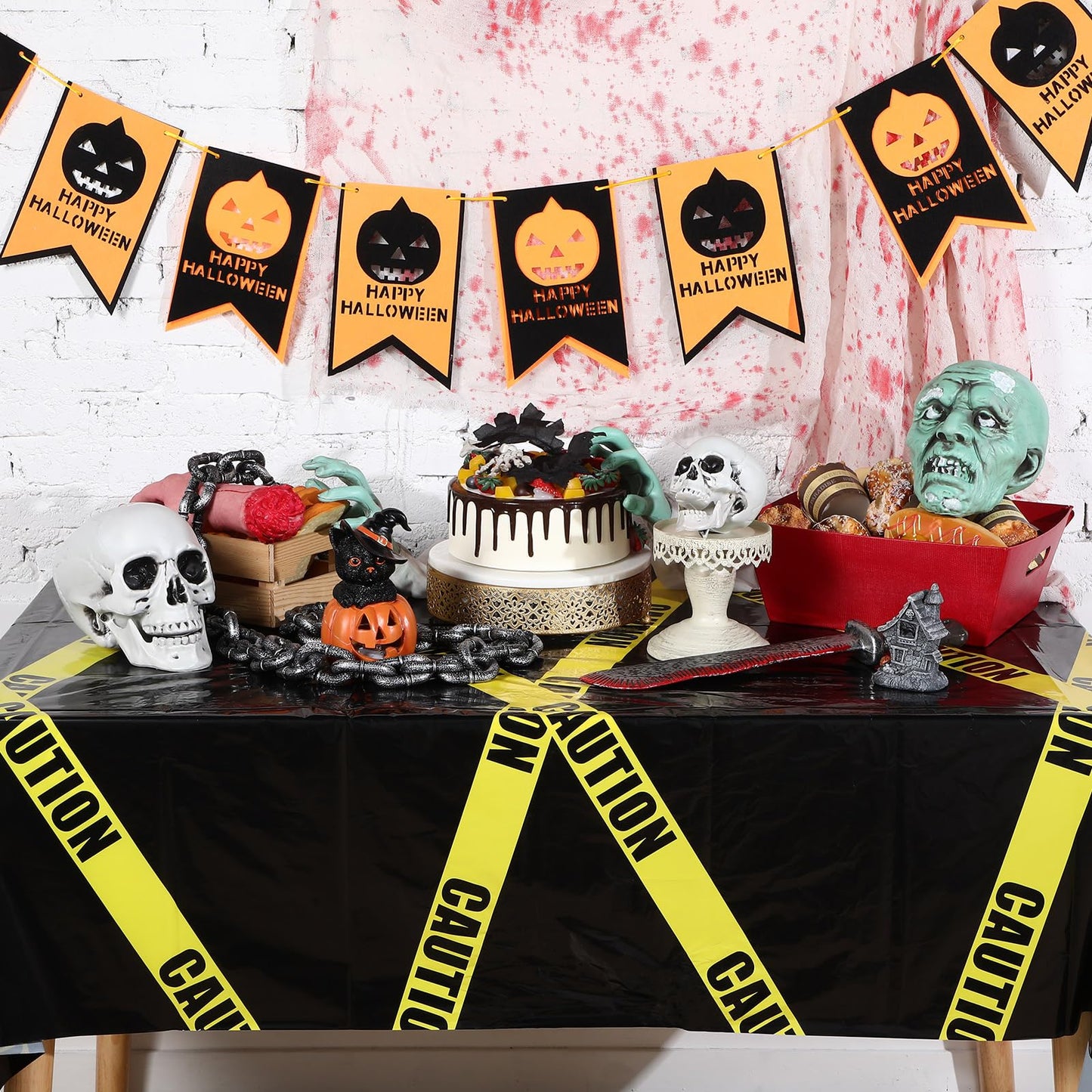 Irenare 3 Pcs Halloween Construction Birthday Party Supplies Disposable Plastic Caution Tape Construction Table Cloth Dump Truck Themed Table Cover Decoration for Halloween 54 x 108 in (Black)