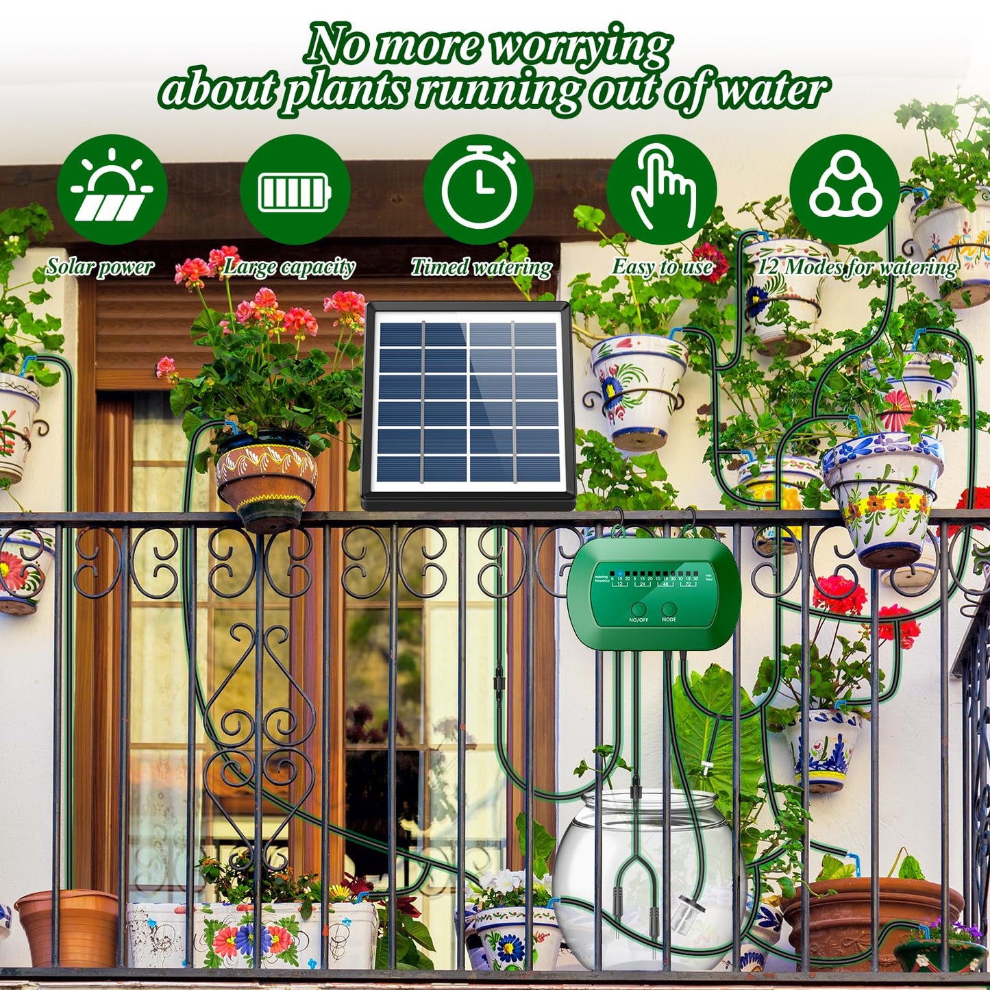 Anseto Solar Drip Irrigation System, Automatic Watering Kit with Split Design & Anti-Siphon Valve, 12 Modes Garden Irrigation System with 49ft Hose for 15 Potted Plants, Patio, Balcony & Greenhouse