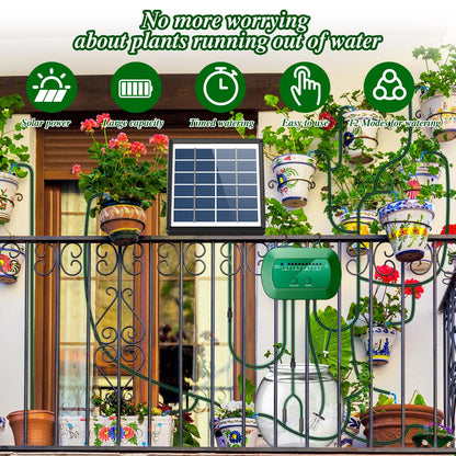 Anseto Solar Drip Irrigation System, Automatic Watering Kit with Split Design & Anti-Siphon Valve, 12 Modes Garden Irrigation System with 49ft Hose for 15 Potted Plants, Patio, Balcony & Greenhouse