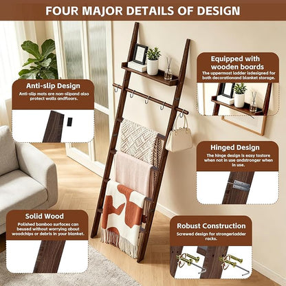 Farmhouse Wooden Blanket Ladder with Shelf,6-Tier Rustic Quilt Towel Rack Decorative Holder Wall Leaning Storage with Removable Hooks for Home Living Room Bedroom Decor Brown