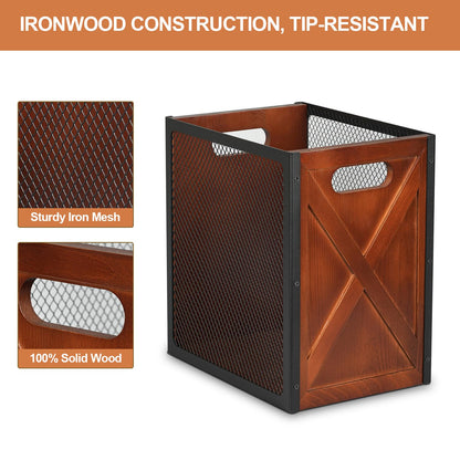 Rustic Office Trash Can - Rectangular Waste Basket with Iron Mesh, 4.5 Gallon Wooden Garbage Can, Bathroom Garbage Bin with Handles, Decorative Trash Can for Home Office Bedroom