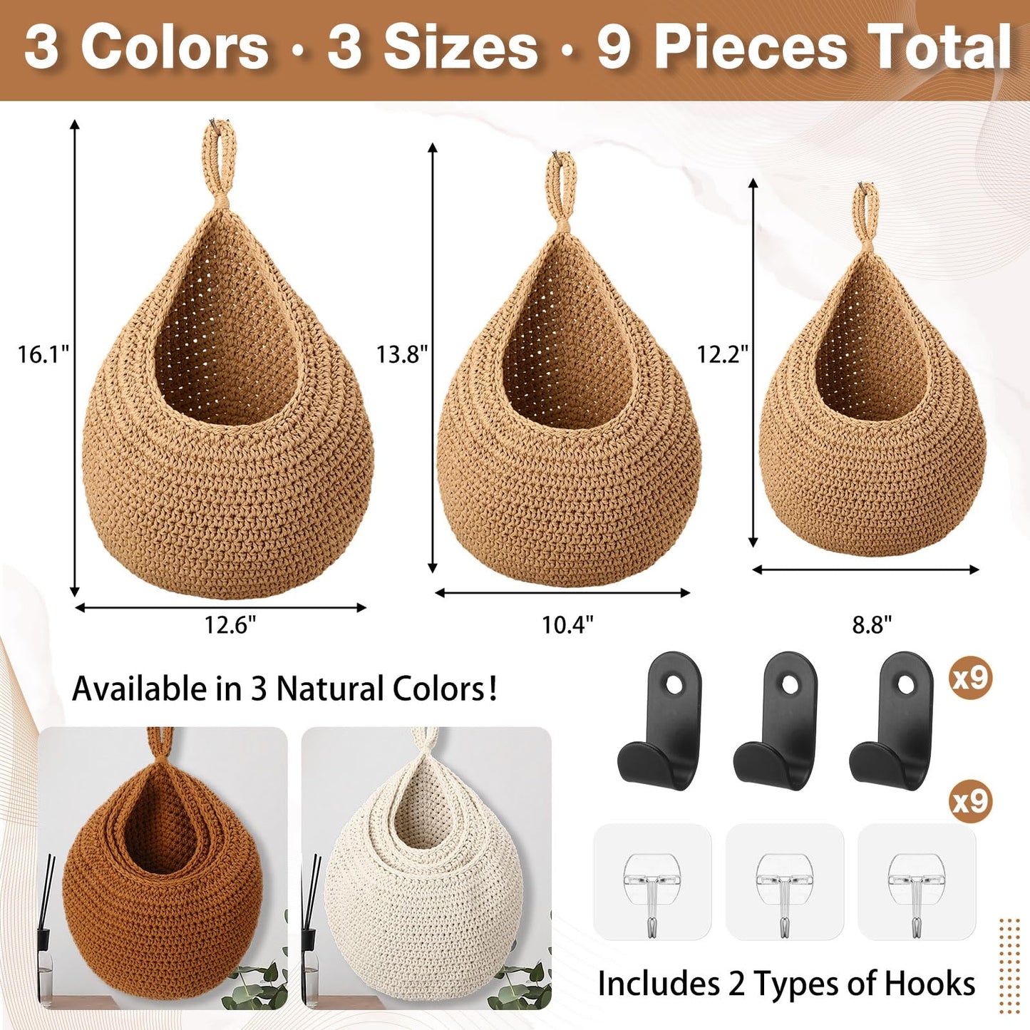 LemonRoad Boho Decor Hanging Wall Fruit Baskets for Kitchen 9 Pack Woven Teardrop Produce Baskets with 9 Pcs Strong Hooks 3 Sizes Hanging Storage Vegetable Potato Onion for Home, White, Linen, Jute