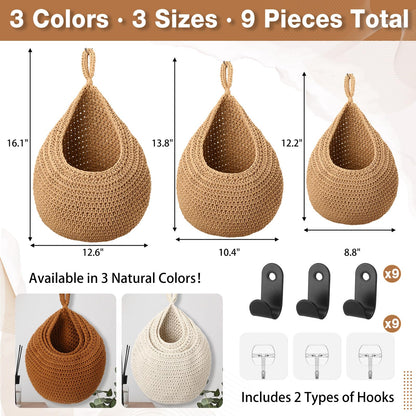 LemonRoad Boho Decor Hanging Wall Fruit Baskets for Kitchen 9 Pack Woven Teardrop Produce Baskets with 9 Pcs Strong Hooks 3 Sizes Hanging Storage Vegetable Potato Onion for Home, White, Linen, Jute