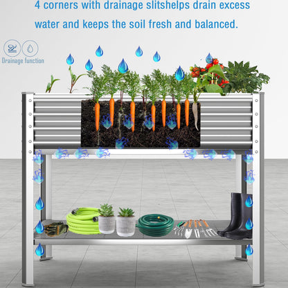 COATTOA Raised Garden Bed with Legs, Galvanized Raised Planter Box with Storage Shelf and Drainage Holes, 48×24×32 Inch Large Metal Garden Bed Kit for Balcony, Backyard, Patio Lasts for Years of Use.