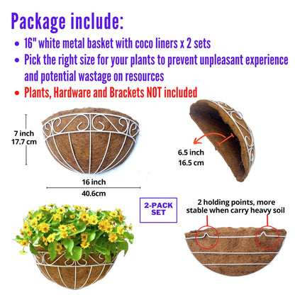 LaLaGreen Wall Mounted Flower Baskets (2 Pack, 16 Inch) Extra Large Deck Rail Hanging Planters with Coco Liner for Outdoor Plants White Metal Wire Herb Pots Holder Fence Railing Porch Patio Garden