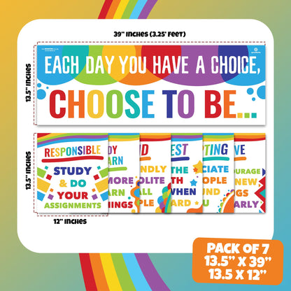 Sproutbrite 7 Educational Posters & Charts - 1 Big Banner 13.5" x 39" and 6 Smaller 12" x 13.5" - Kindness Posters – Motivational Chart and Wall Decor for Pre, Elementary and Middle School - Encourages Positive Choices and Character Development