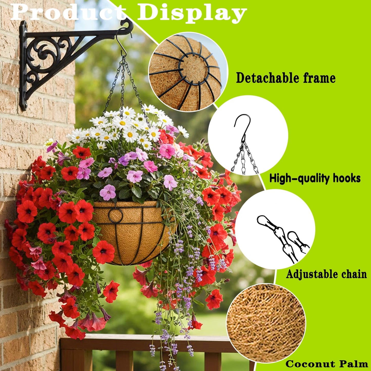JFFLYIT 4 Pack 12" Round Metal Hanging Basket for Outdoor Plants Durable Large Hanging Planter with Coco Coir Round Plant Holders Planter for Outside Garden Decoration (Circular)