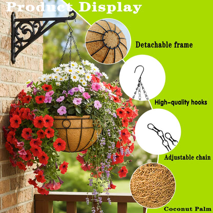 JFFLYIT 4 Pack 12" Round Metal Hanging Basket for Outdoor Plants Durable Large Hanging Planter with Coco Coir Round Plant Holders Planter for Outside Garden Decoration (Circular)