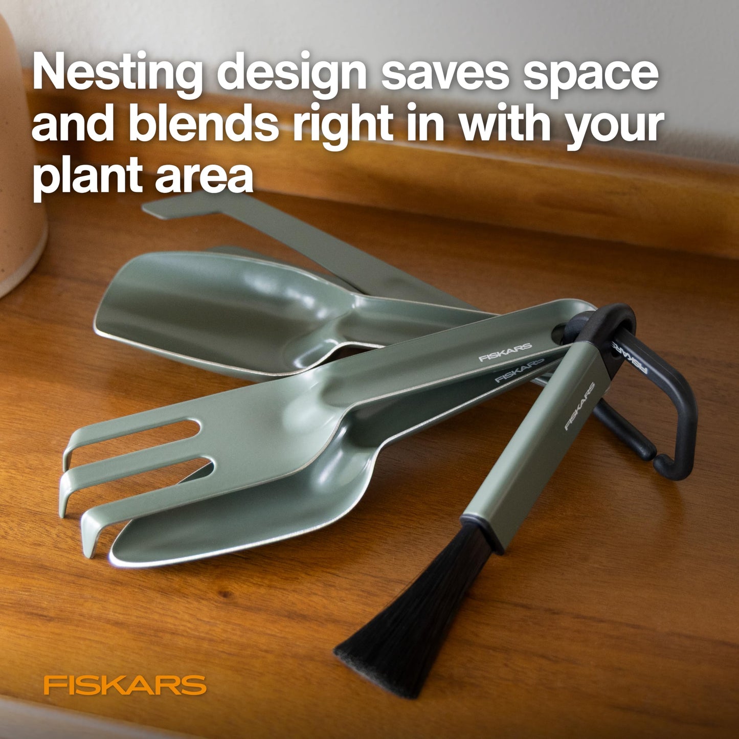 Fiskars 5-Piece Plant Cultivating Tool Set, Nesting Trowel, Soil Scoop, Cultivator, Tongs & Brush for Indoor Gardening, Stainless Steel w/Green Powder Coat Finish, Space Saving Design for Houseplants