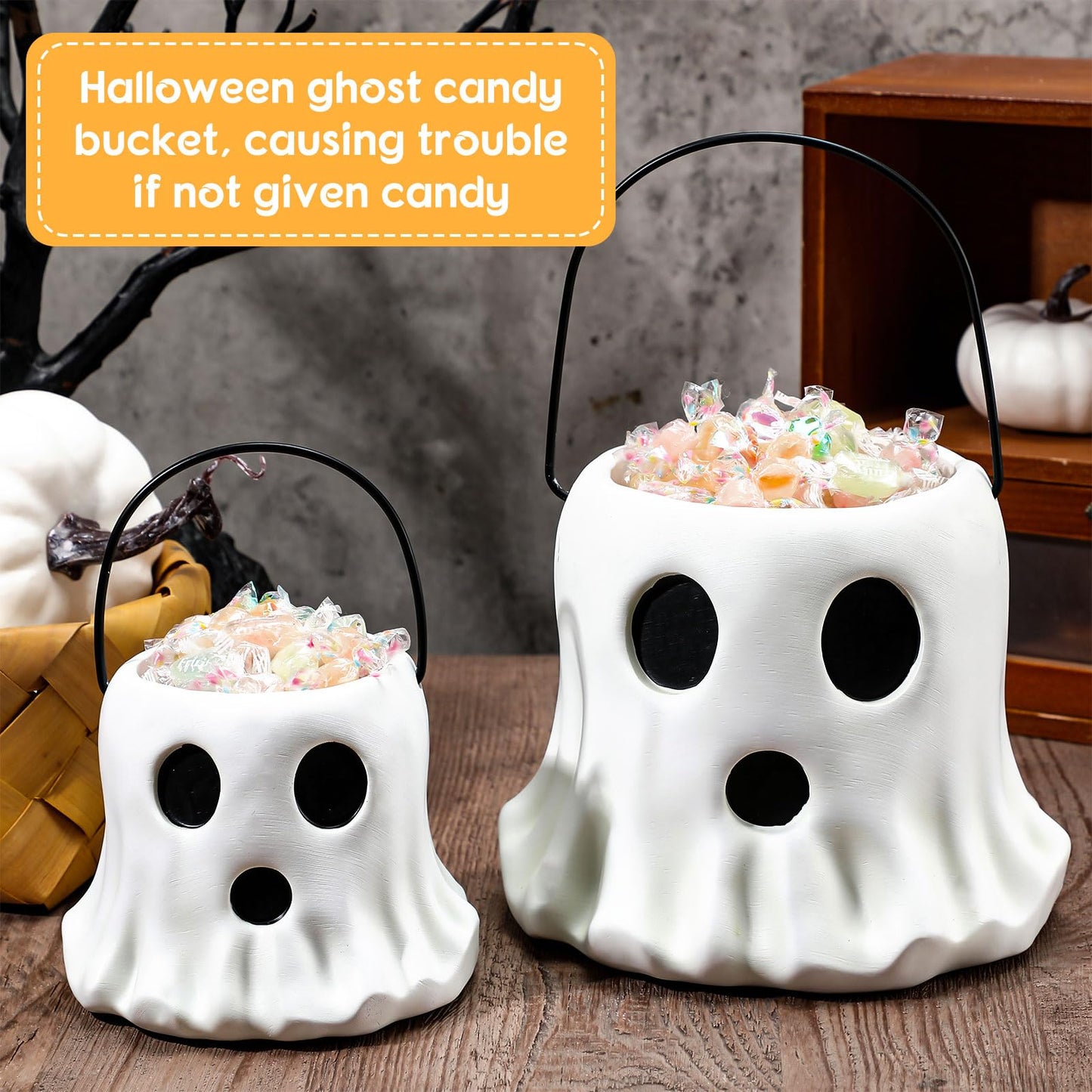 Fullhawl 2 Pack Ghost Bucket Decor Halloween Vase Cutest Ghost Candy Bowl Planter Pot Halloween Bucket Vase for Indoor Outdoor Garden Home Decor