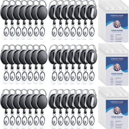 Laumoi 60 Pack Heavy Duty Retractable Badge Holder Reel with Belt Clip Keyring and Waterproof Vertical ID Card Holders for ID Name Card Keychain Badge, Black