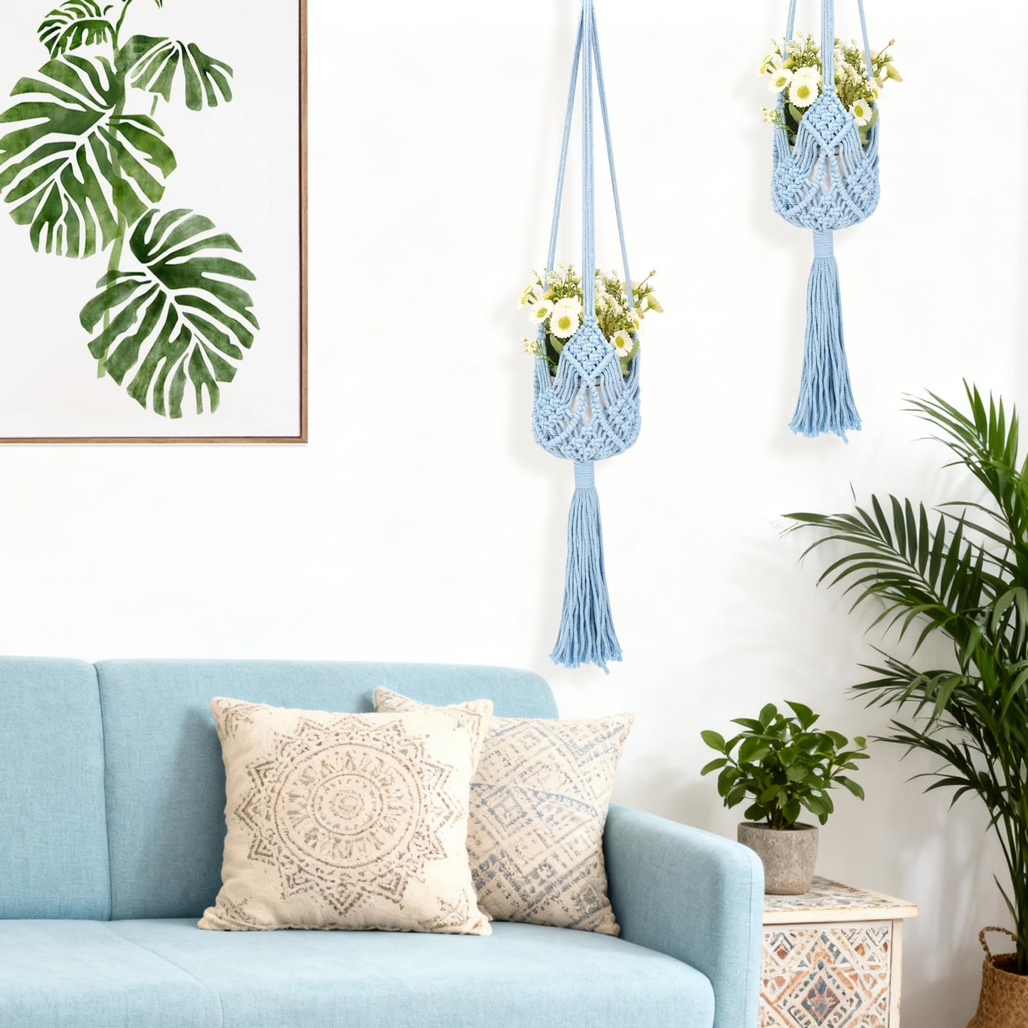 BUNCHBRAVO 2 Pack Macrame Plant Hangers, 33-Inch Cotton Rope Hanging Planters with Diamond Design, Boho Home Decor for Indoor and Outdoor Use, Blue