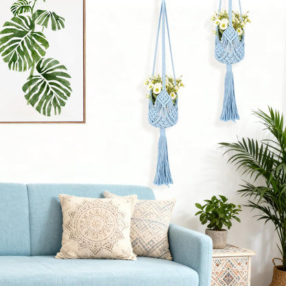 BUNCHBRAVO 2 Pack Macrame Plant Hangers, 33-Inch Cotton Rope Hanging Planters with Diamond Design, Boho Home Decor for Indoor and Outdoor Use, Blue