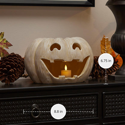 Luminara Jack-o'-Lantern Pumpkin Tealight Holder - Perfectly Pale 10"x6.75" - Halloween Dry Brush Resin Fall Home Autumn Harvest Festival Party Decor