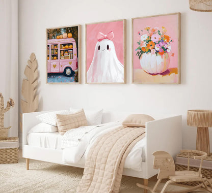 3Pcs Pink Halloween Wall Art Cute Bow Ghost Poster Prints Fall Harvest Pumpkin Flower Canvas Picture for Halloween Girls Room Dorm Nursery Playroom Wall Decor 16X24in Unframed