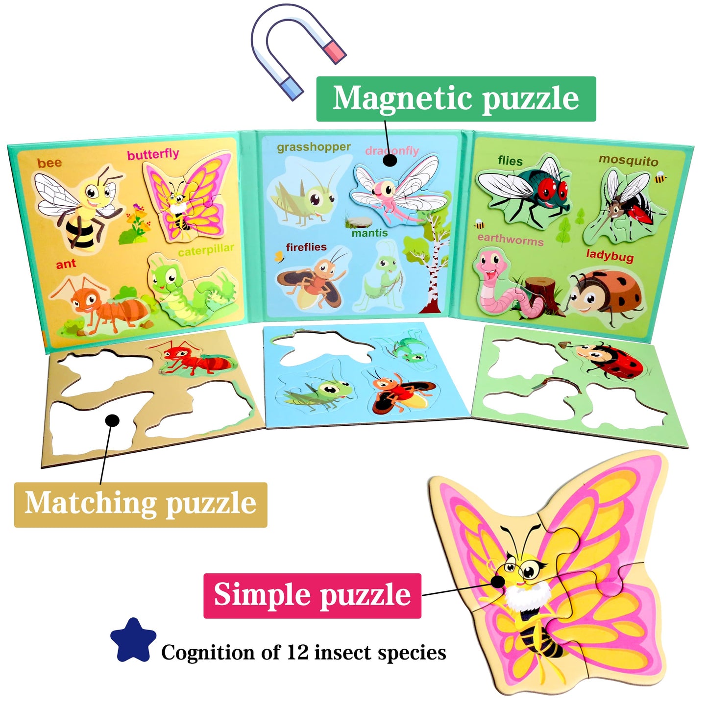 Magnetic Puzzles for Kids Ages 1-3, Travel Toddler Puzzles Ages 2-4 Year, Insect Activities Toy for Boys & Girls 3-5 yo - Learning Magnet Gift for Road Trip