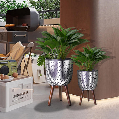 Opnons 2 Set Plant Pot with Stand 10 & 12 inches, Mid-Century Large Planter with Legs for Indoor Plants, Boho Print Standing Plant Pot with Drainage Plug for Monstera, Herb, Succulent Flower Pot