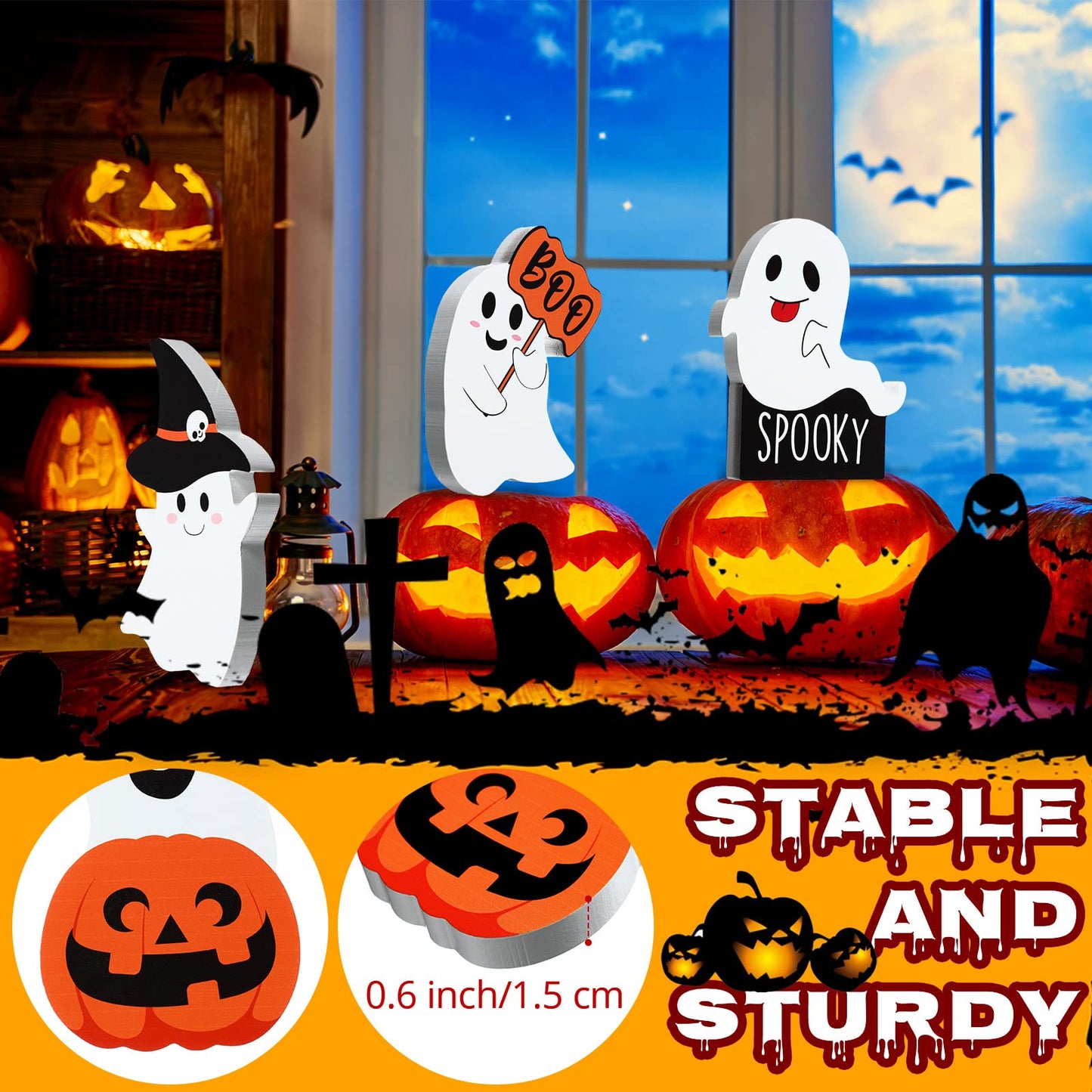 5 Pcs Halloween Ghost Table Decorations Cute Ghost Decor Indoor Wooden Witch Boo Centerpieces Spooky Tiered Tray Pumpkin Signs Fall Rustic Decor for Party Shelf Display(Cute Style)