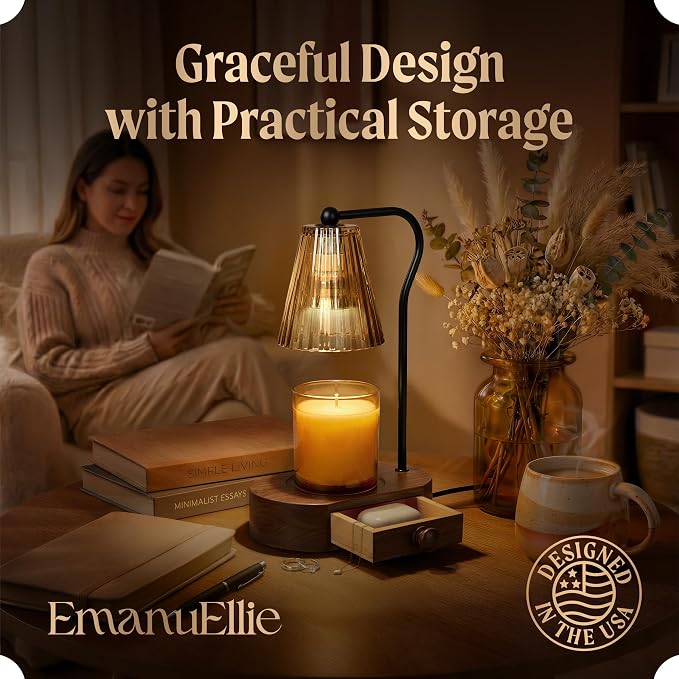 Candle Warmer Lamp with Timer & Dimmer, Black Painted Wooden Base with Drawer, Black Metal Stand, Extra Bulb Included, Candle Warming Lamp, Electric Candle Wax Warmer