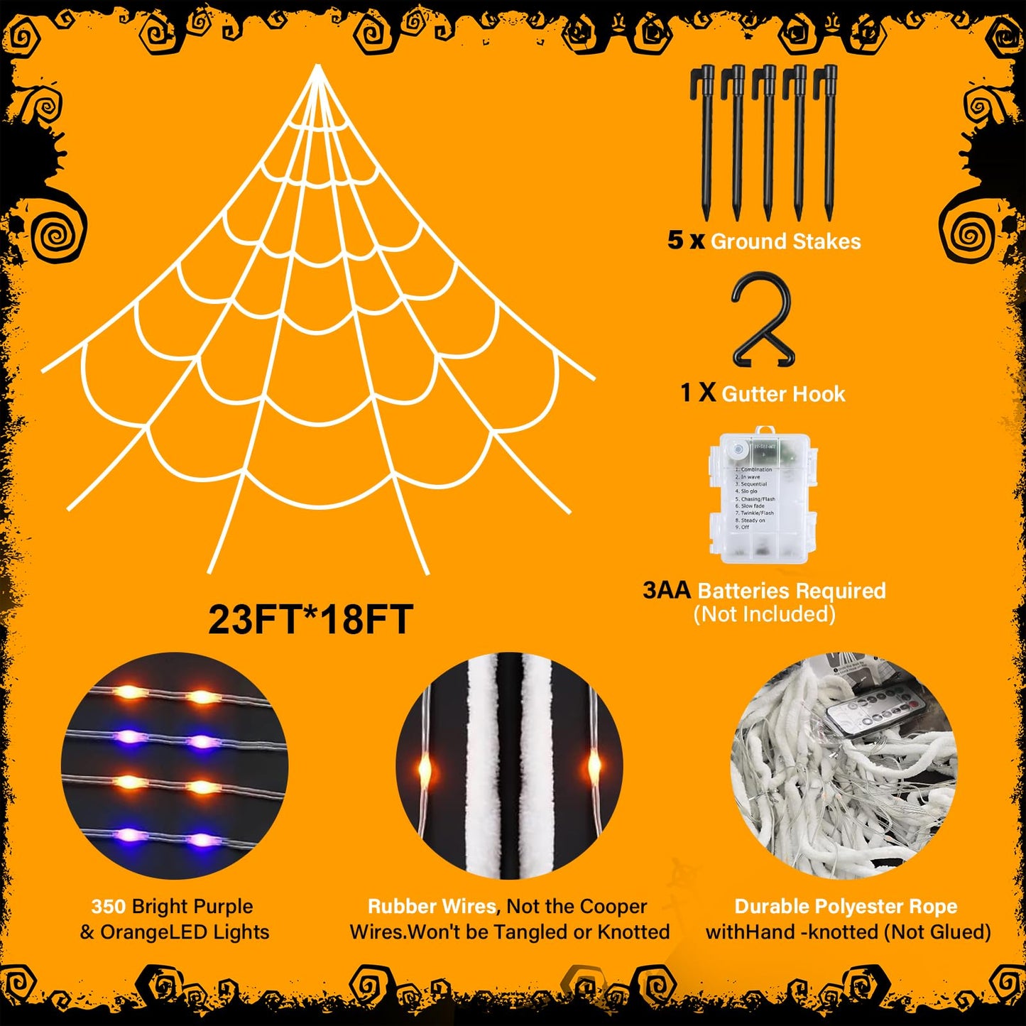 Halloween Spider Giant Web Lights: 350 LED Lighted Giant 23 Ft Halloween Decorations Light up with 8 Lighting Modes Outdoor Indoor Yard House Decor, Purple & Orange (350LED 23FT Giant Spider Web)