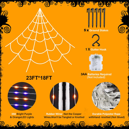 Halloween Spider Giant Web Lights: 350 LED Lighted Giant 23 Ft Halloween Decorations Light up with 8 Lighting Modes Outdoor Indoor Yard House Decor, Purple & Orange (350LED 23FT Giant Spider Web)
