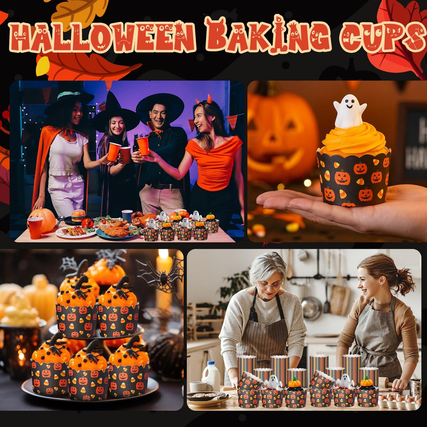 Funnymoom 100 Pcs Halloween Pumpkin Paper Baking Cups Black Orange Cupcake Liners Wrappers Decorative Cupcake Holders for Halloween Birthday Party Supply