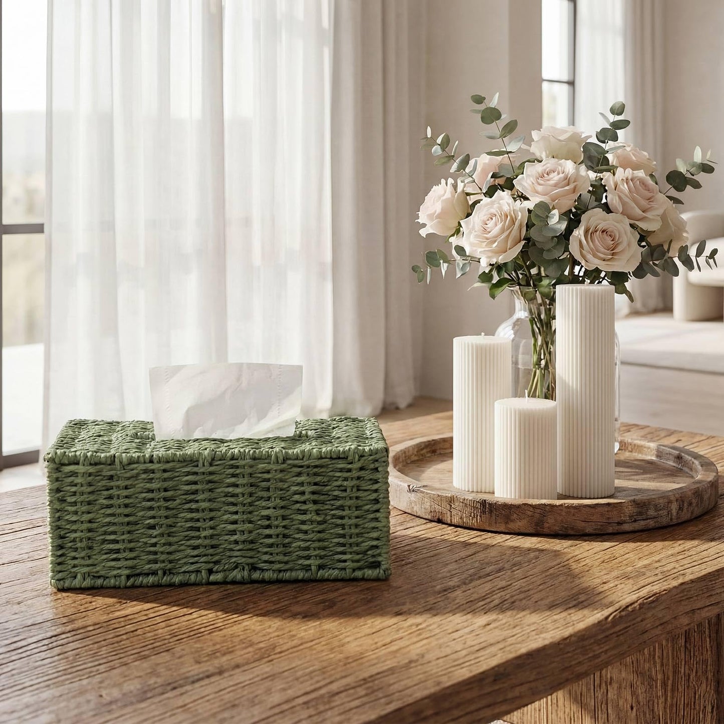 Acellegic Sage Green Tissue Box Cover Rectangle Natural Paper Rope Hand Woven Tissue Box Holder for Bathroom Living Room Bedroom Kitchen Table Desk Office Farmhouse Home Decor