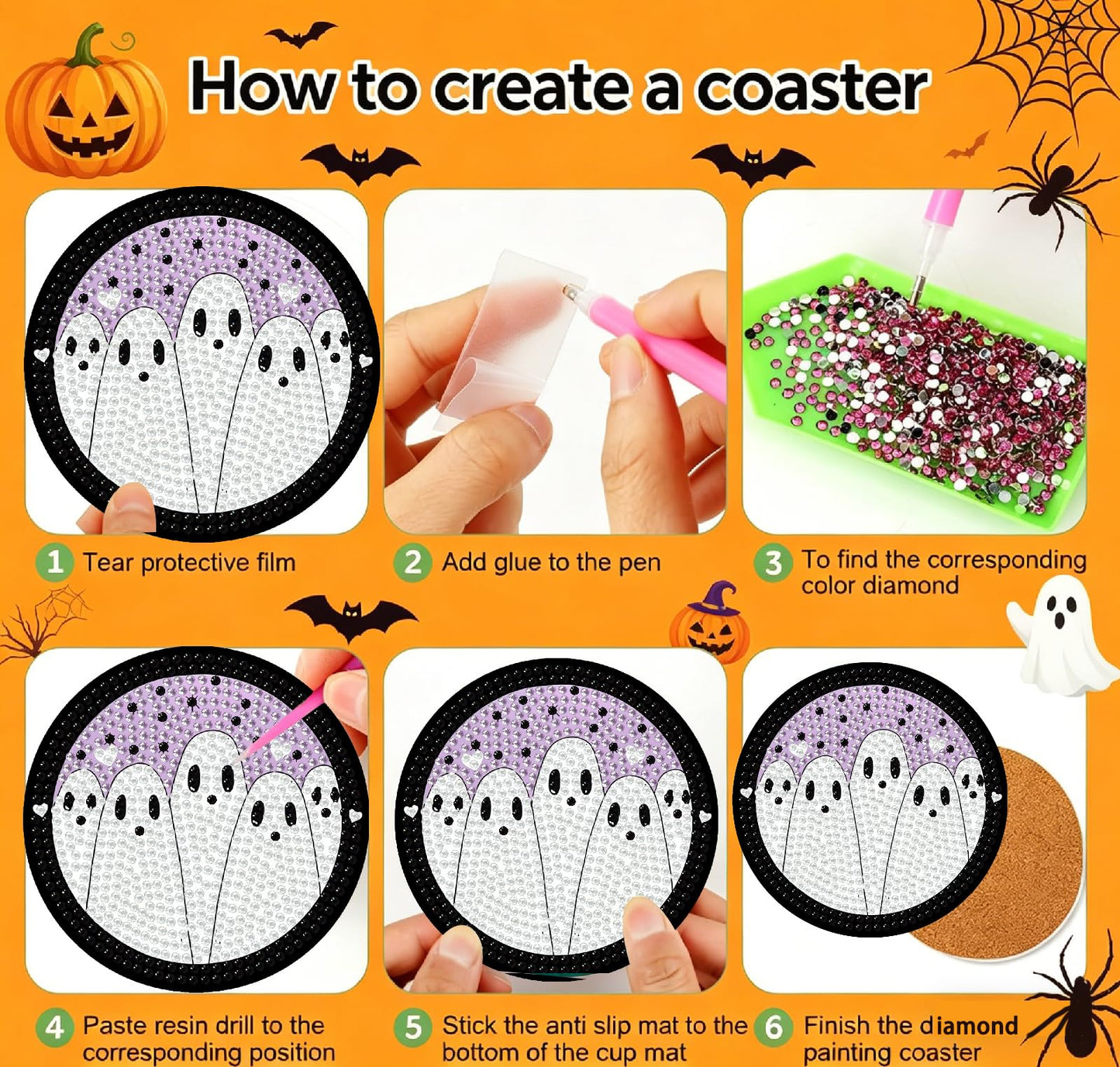 KYOQFVN 8 PCS Halloween Diamond Art Coasters, Ghost Diamond Painting Coasters with Holder Cork Pad, Diamond Dots Art Painting Coasters Crafts Kit for Home Wall Decor (Ghost Theme)
