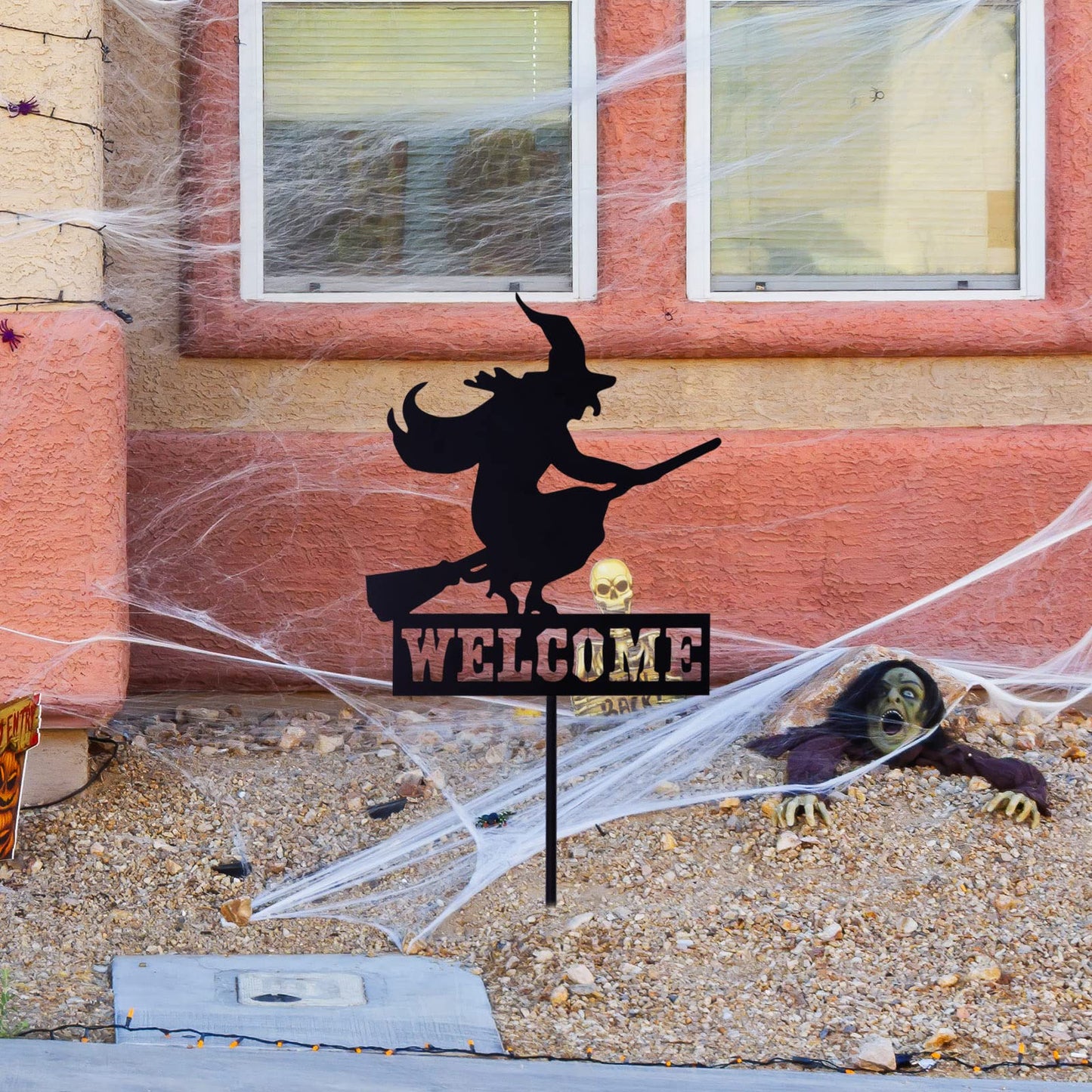 Whaline Halloween Welcome Sign with Stake Spooky Witch on Broom Door Hanger Sign Black Witches Silhouette Garden Stakes for Halloween Home Outdoor Garden Outside Yard Lawn Patio Decor